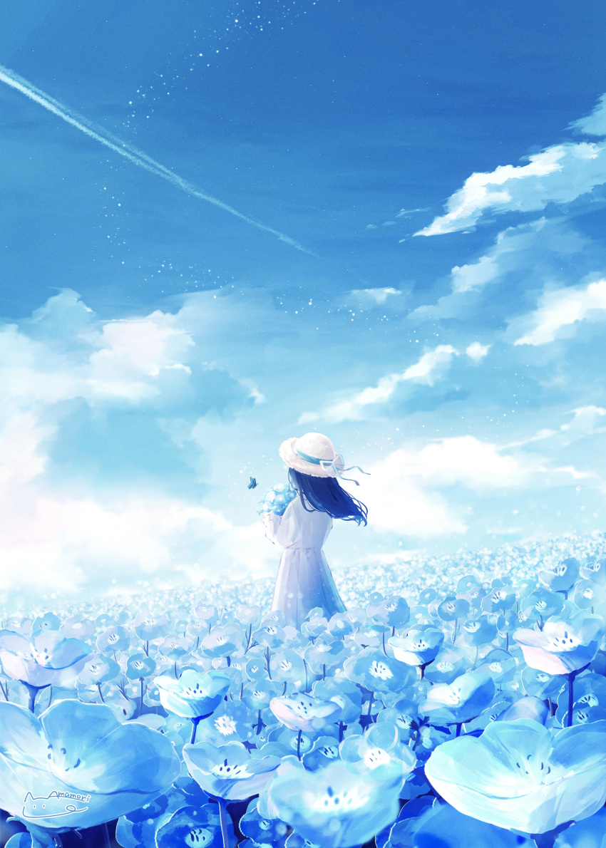 1girl absurdres amenomori_howa backlighting black_hair blue_theme bow bug butterfly cloud contrail dress dutch_angle field flower flower_field hat hat_bow highres horizon light_particles looking_afar nemophila_(flower) original outdoors scenery sky solo sun_hat white_dress wind