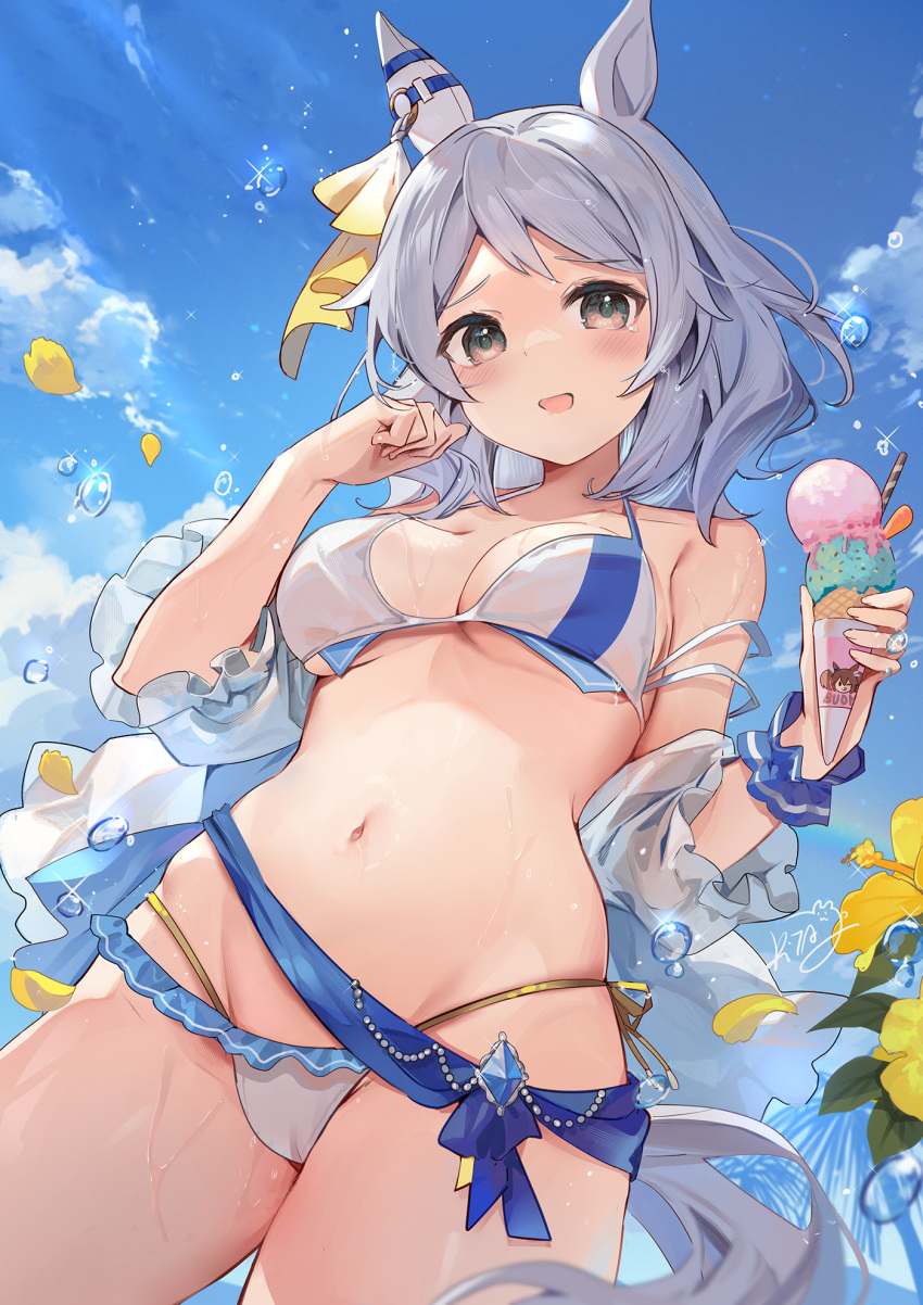 1girl alternate_costume animal_ears bikini blush breasts brown_hair bubble cleavage cloud collarbone commentary_request flower food grey_hair highres hishi_miracle_(umamusume) horse_ears horse_girl horse_tail ice_cream kita_(kitairoha) looking_at_viewer medium_breasts medium_hair navel open_mouth petals sky solo swimsuit tail umamusume water_drop