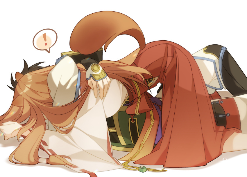 ! 1boy 1girl absurdres animal_ears armor black_hair cape chinese_commentary commentary_request dice657523 feet_out_of_frame from_side green_cape hakama hakama_skirt highres hug iwatani_naofumi japanese_clothes kosode light_brown_hair long_hair long_sleeves lying lying_on_another miko official_alternate_costume on_back raccoon_ears raccoon_girl raccoon_tail raphtalia red_skirt shield simple_background skirt speech_bubble spoken_exclamation_mark tail tate_no_yuusha_no_nariagari white_background wide_sleeves