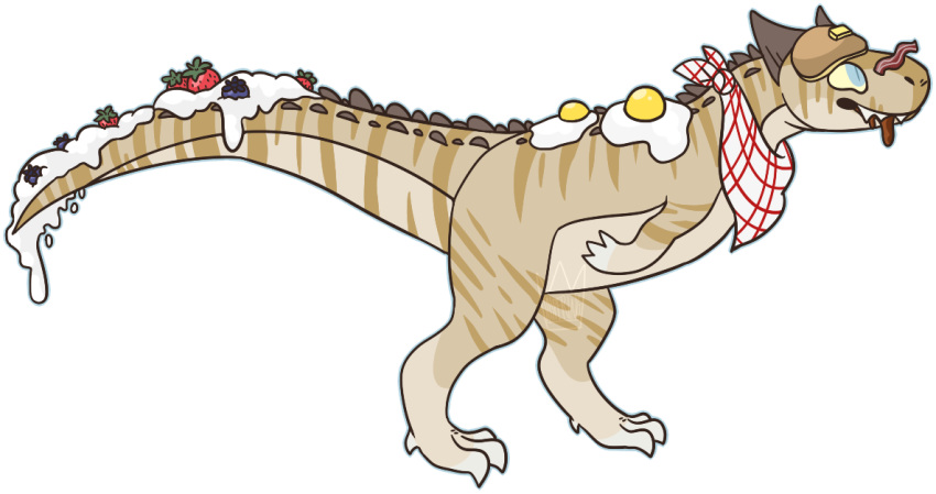 2017 abelisaurid alpha_channel ambiguous_gender back_spikes bacon blue_eyes blue_outline blueberry_(fruit) butter carnotaurus claws dairy_products digital_drawing_(artwork) digital_media_(artwork) digitigrade dinosaur feral flat_colors food fried_egg fruit full-length_portrait grey_horn grey_spikes horn jaspering kerchief meat neck_spikes neckerchief outline pancake plant portrait pupils reptile scalie side_view simple_background slit_pupils snout solo spiked_tail spikes spikes_(anatomy) standing strawberry tail teeth theropod transparent_background watermark whipped_cream yellow_sclera