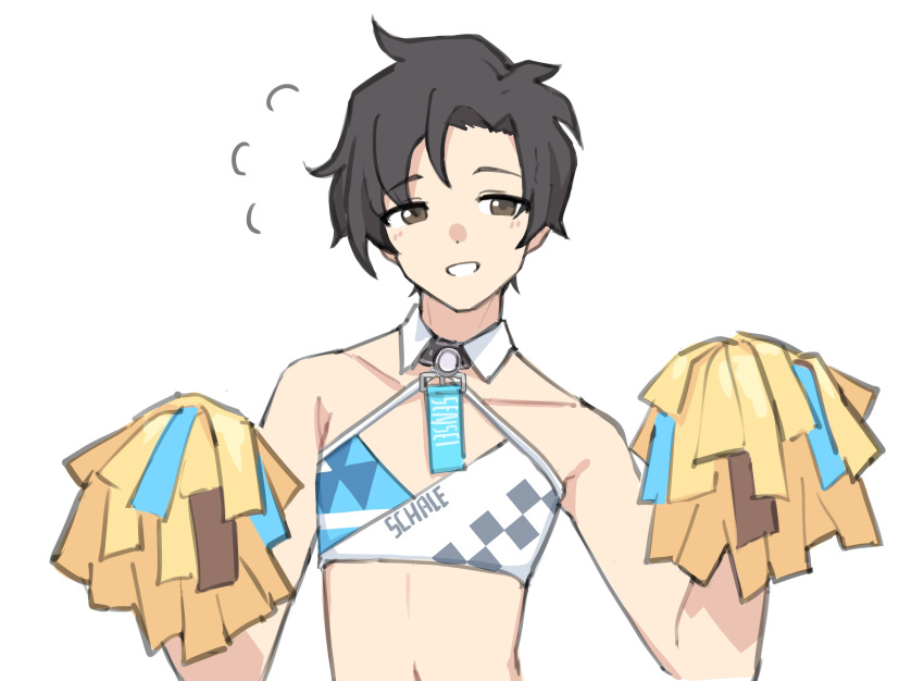 1boy black_hair blue_archive blue_archive_the_animation brown_eyes cheerleader collar cosplay crossdressing detached_collar grin hibiki_(blue_archive) hibiki_(blue_archive)_(cosplay) hibiki_(cheer_squad)_(blue_archive) highres holding holding_pom_poms looking_at_viewer lyrinne male_focus medium_bangs pom_pom_(cheerleading) sensei_(blue_archive) sensei_(blue_archive_the_animation) short_hair simple_background smile solo strapless tube_top upper_body white_background white_collar white_tube_top