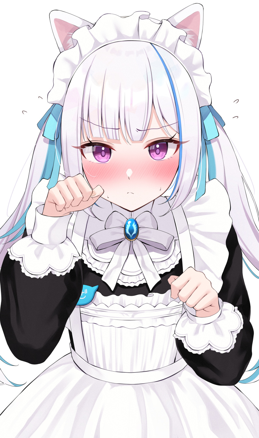 1girl absurdres animal_ear_fluff animal_ears blue_hair blue_ribbon blush cat_ears closed_mouth commentary_request hair_ribbon highres lize_helesta lize_helesta_(9th_costume) long_hair long_sleeves looking_at_viewer maid maid_headdress mugino0515 multicolored_hair neck_ribbon nijisanji paw_pose purple_eyes ribbon simple_background solo streaked_hair sweat virtual_youtuber white_background white_hair white_ribbon