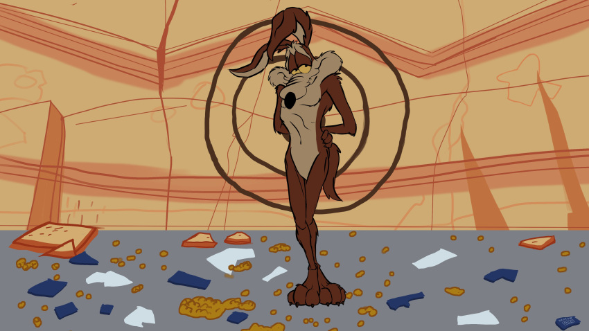 3_toes absurd_res ankles_together barefoot belly biped black_eyes black_nose brown_body brown_fur canid canine canis claws colored coyote debris desert digital_drawing_(artwork) digital_media_(artwork) ears_front embarrasment embarrassed feet feet_together finger_claws flat_colors fur glance grin grinning_at_viewer half-closed_eyes hand_behind_back hand_on_hip hi_res humanoid_feet knees_together looking_at_viewer looney_tunes male mammal messy midsection narrowed_eyes navel nude paws pecs pinup plantigrade pose redraw road rock sheepish_grin sheepish_smile shy shy_expression shy_face shy_smile smile smiling_at_viewer solo standing standing_on_toes stevethedragon tan_belly tan_body tan_fur target target_(marking) toe_claws toes vein warner_brothers wide_hips wile_e._coyote yellow_sclera