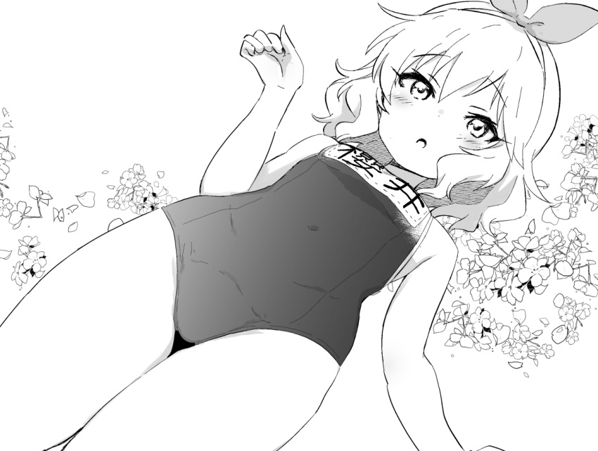 1girl belly blush bow breasts clenched_hand eyelashes flower from_below greyscale hair_bow headband idolmaster idolmaster_cinderella_girls minazuki_tooru monochrome name_tag navel one-piece_swimsuit open_mouth sakurai_momoka school_swimsuit small_breasts solo swimsuit thighs wavy_hair