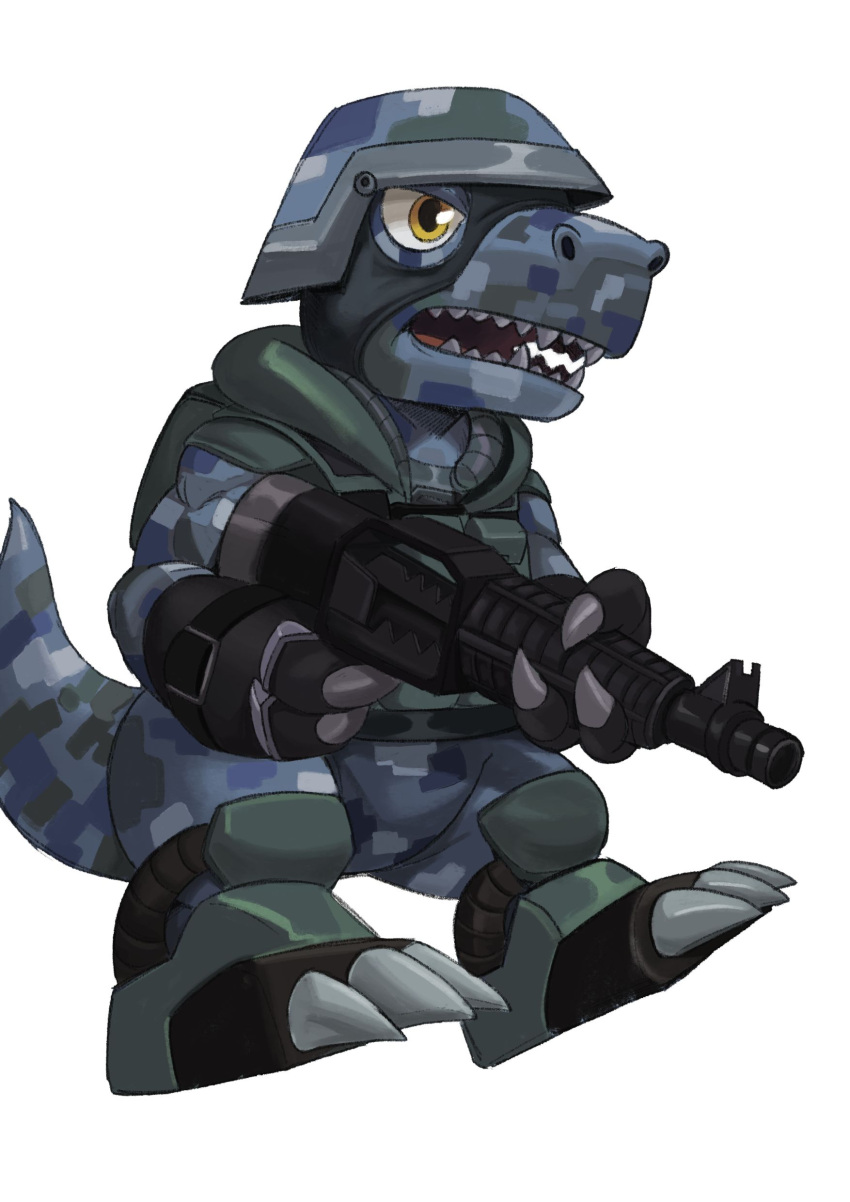 absurd_res anthro armor bandai_namco blue_body carina2cl claws commandramon digimon digimon_(species) digital_camo gun headgear helmet hi_res male ranged_weapon rifle scalie sharp_teeth solo teeth weapon yellow_eyes