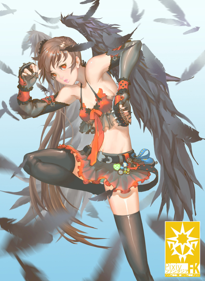 bikini_top cleavage eddy_huang_zheng pantsu pixiv_fantasia pixiv_fantasia_fallen_kings shimapan skirt_lift thighhighs wings