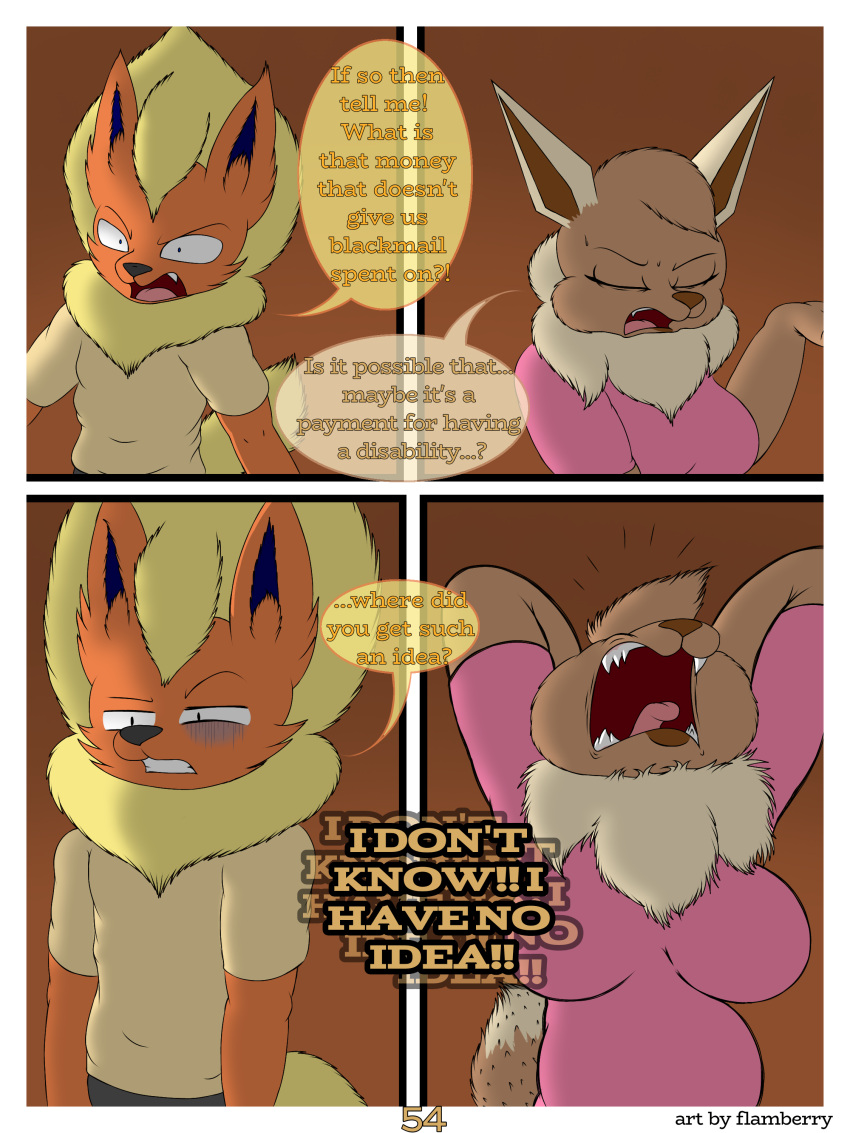 3:4 absurd_res angry anthro big_breasts bodily_fluids breasts brown_body brown_eyes brown_fur canid canine clothing digital_drawing_(artwork) digital_media_(artwork) eevee eeveelution elizabeth_venizee english_text fangs female flamberry_(artist) flareon franklin_flare fur generation_1_pokemon hair hi_res male male/female mammal nintendo open_mouth orange_body pokemon pokemon_(species) screaming simple_background sweat tail teeth text tongue