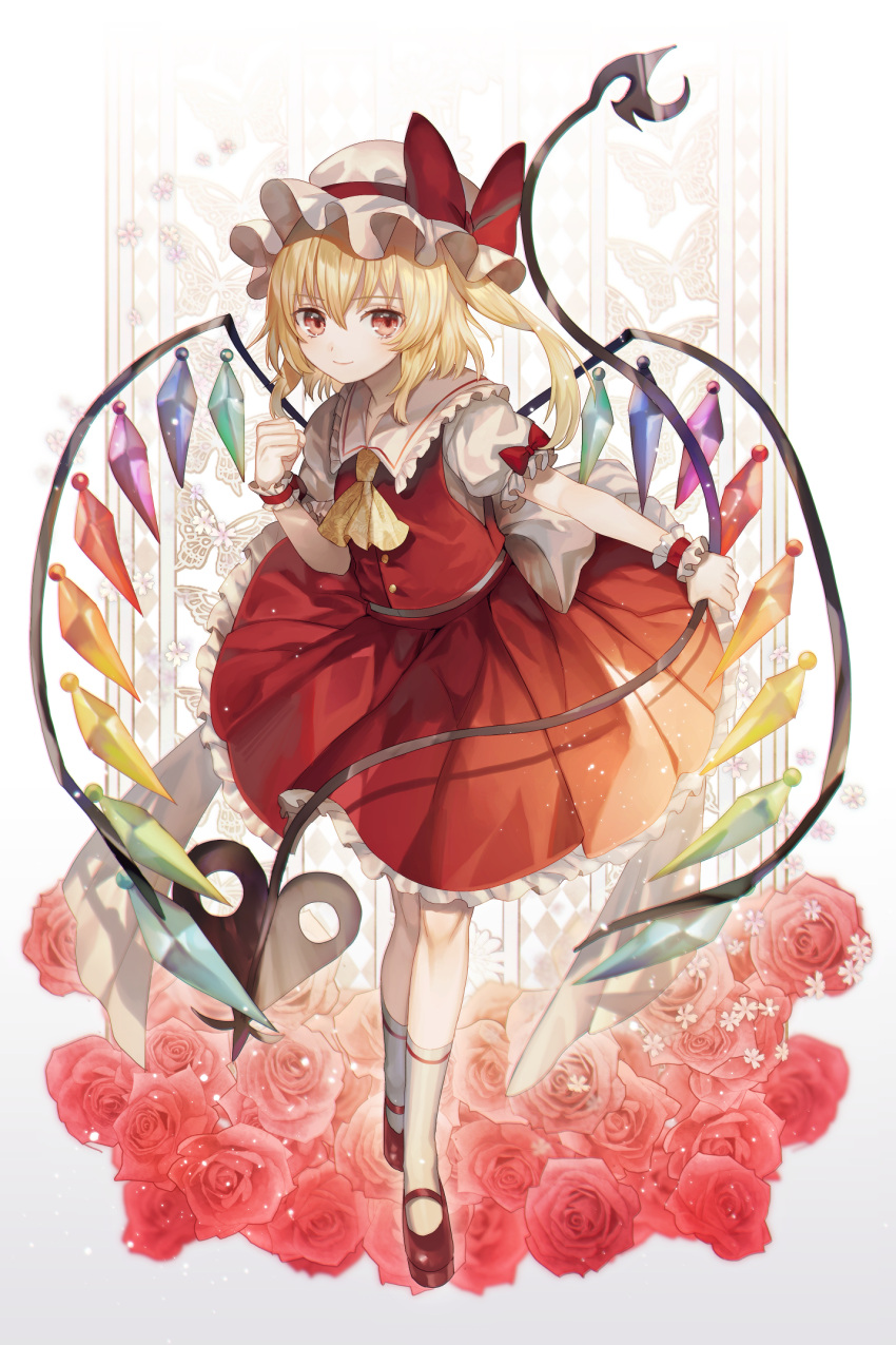 1girl abandon_ranka ascot blonde_hair bow clenched_hand commentary_request crystal flandre_scarlet flower frilled_shirt_collar frills full_body gradient_background grey_background hair_between_eyes hand_up hat hat_bow highres holding kneehighs laevatein_(touhou) long_hair mary_janes mob_cap one_side_up partial_commentary petticoat puffy_short_sleeves puffy_sleeves red_bow red_eyes red_flower red_footwear red_rose red_skirt red_vest rose shirt shoes short_sleeves skirt skirt_set socks solo touhou vest white_background white_hat white_shirt white_socks wings yellow_ascot