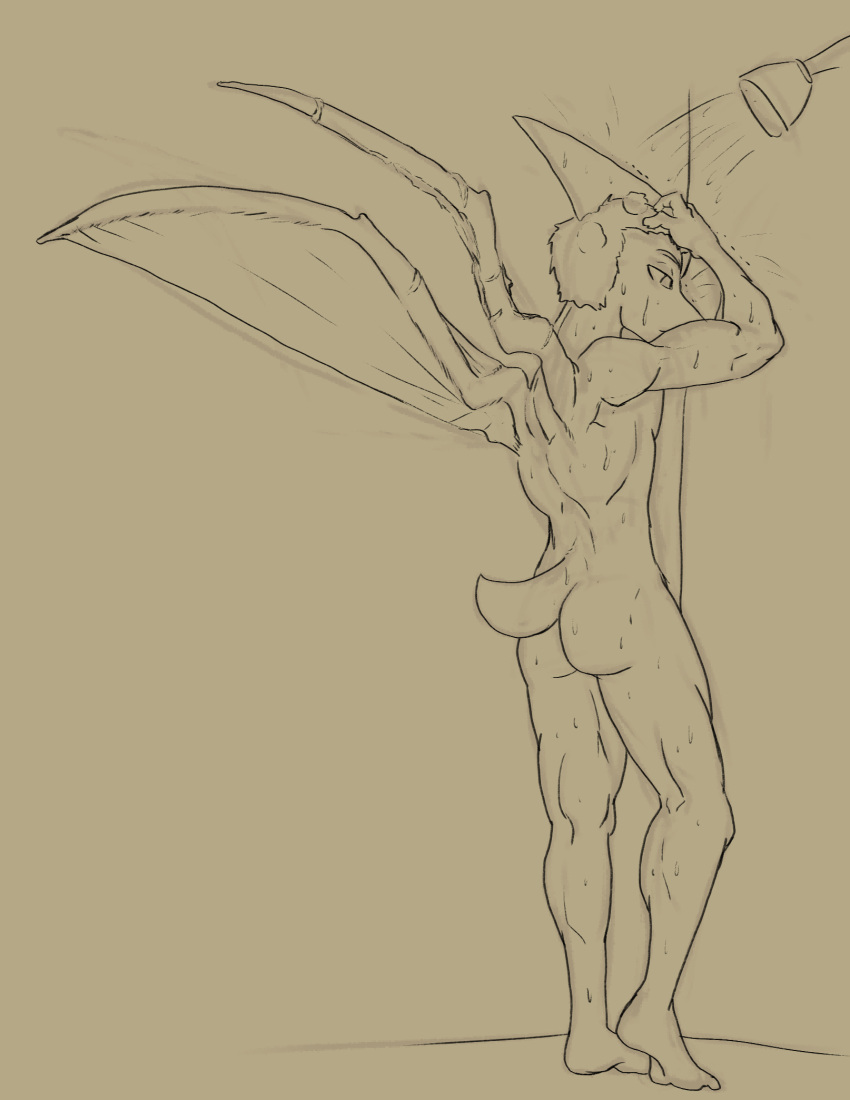 2024 anthro athletic athletic_anthro athletic_male bathing biceps broken_wing bubble_butt butt cybermananon dinosaur goodbye_volcano_high hair head_crest hi_res inside male monochrome naser_(gvh) nude pterodactylus pterosaur reptile scales scalie short_hair short_tail showering sketch snout solo tail water wet wet_body wet_scales wings