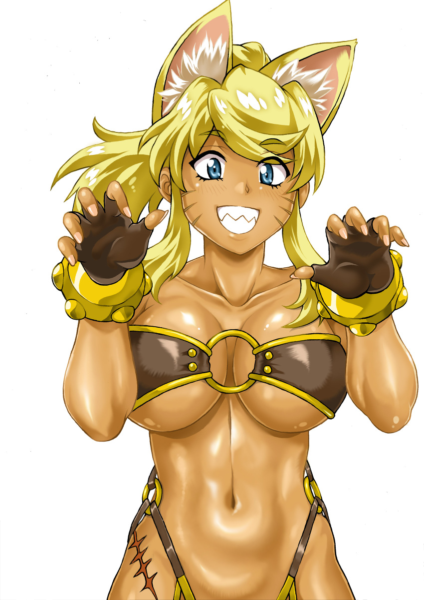 1girl absurdres animal_ear_fluff animal_ears bare_shoulders belt_bra blonde_hair blue_eyes breasts brown_gloves claw_pose collarbone commentary_request dark-skinned_female dark_skin extra_ears facial_mark fingerless_gloves fingernails gloves grin hands_up highres large_breasts liru long_hair looking_at_viewer manabe_jouji navel o-ring o-ring_bottom o-ring_top ponytail renkin_san-kyuu_magical_pokaan scar_on_hip sharp_teeth simple_background smile solo stomach teeth underboob upper_body whisker_markings white_background wolf_ears wolf_girl