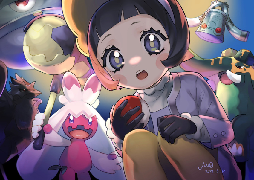 1girl :o black_hair blush_stickers bright_pupils bronzong commentary_request copperajah corviknight eyelashes gloves grey_eyes grey_jacket highres jacket long_sleeves looking_down magnezone meq_(xwtc4338) open_clothes open_jacket open_mouth pantyhose pokemon pokemon_(creature) pokemon_sv poppy_(pokemon) short_hair squatting teeth tinkaton upper_teeth_only yellow_pantyhose