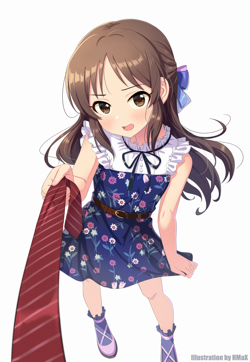 1girl absurdres artist_name bare_arms belt black_ribbon blue_bow blue_dress blue_socks blush bow brown_belt brown_eyes brown_hair commentary_request dress dress_tug floral_print frilled_dress frills full_body hair_bow hand_up highres hmax idolmaster idolmaster_cinderella_girls idolmaster_cinderella_girls_starlight_stage idolmaster_cinderella_girls_u149 legs_apart long_hair looking_at_viewer neck_ribbon necktie necktie_grab neckwear_grab open_mouth parted_bangs pov print_dress purple_footwear red_necktie ribbon shoes short_dress sidelocks sleeveless sleeveless_dress socks solo standing tachibana_arisu