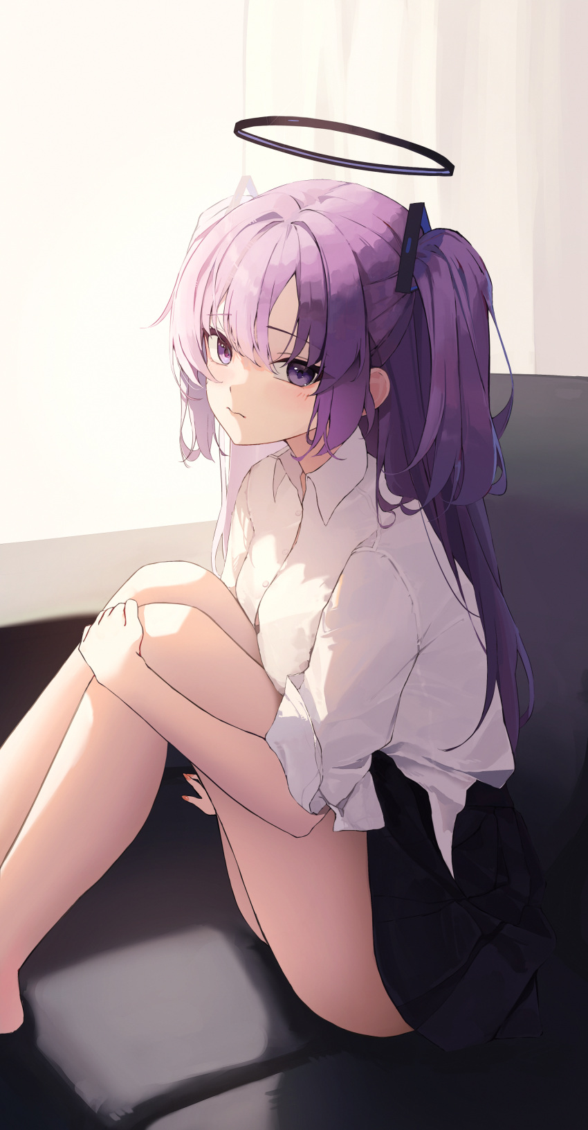 1girl absurdres arm_support bare_legs black_skirt blue_archive blush button_gap commentary feet_out_of_frame fingernails halo hand_on_own_knee highres indoors long_hair looking_at_viewer miniskirt nail_polish pleated_skirt purple_eyes purple_hair shiina_1001 shirt sitting skirt solo symbol-only_commentary two_side_up very_long_hair white_shirt yuuka_(blue_archive)