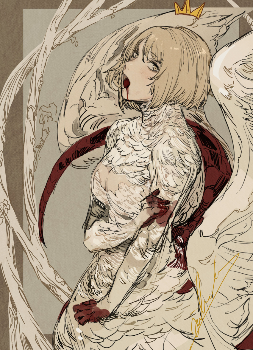 1girl :o absurdres bird_wings blonde_hair blood blood_from_mouth blood_on_face blood_on_hands border breasts brown_background brown_border chimera cowboy_shot dragon_tail dungeon_meshi falin_touden falin_touden_(chimera) feathered_wings floating_crown from_side hand_on_own_arm highres hiranko looking_at_viewer monster_girl open_mouth outside_border short_hair signature simple_background sketch solo tail taur wings yellow_eyes