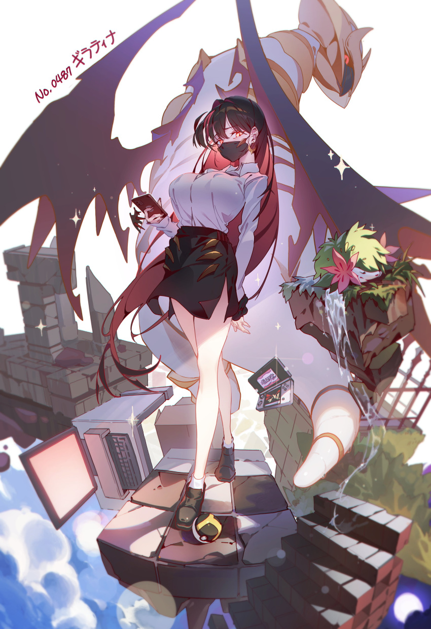 1girl absurdres black_footwear black_hair black_skirt black_wings breasts cellphone collared_shirt colored_inner_hair crossed_legs earrings fence floating_rock full_body giratina giratina_(altered) glowing glowing_eyes hair_intakes highres holding holding_phone huge_breasts hxxg iron_fence jewelry keyboard_(computer) looking_at_viewer mask monitor mouth_mask multicolored_hair nintendo_2ds pencil_skirt personification phone poke_ball pokemon red_eyes red_hair reference_inset ruins shaymin shirt side_slit signature skirt sleeping smartphone socks stairs standing streaked_hair tile_floor tiles tree ultra_ball water waterfall watson_cross white_background white_shirt white_socks wings