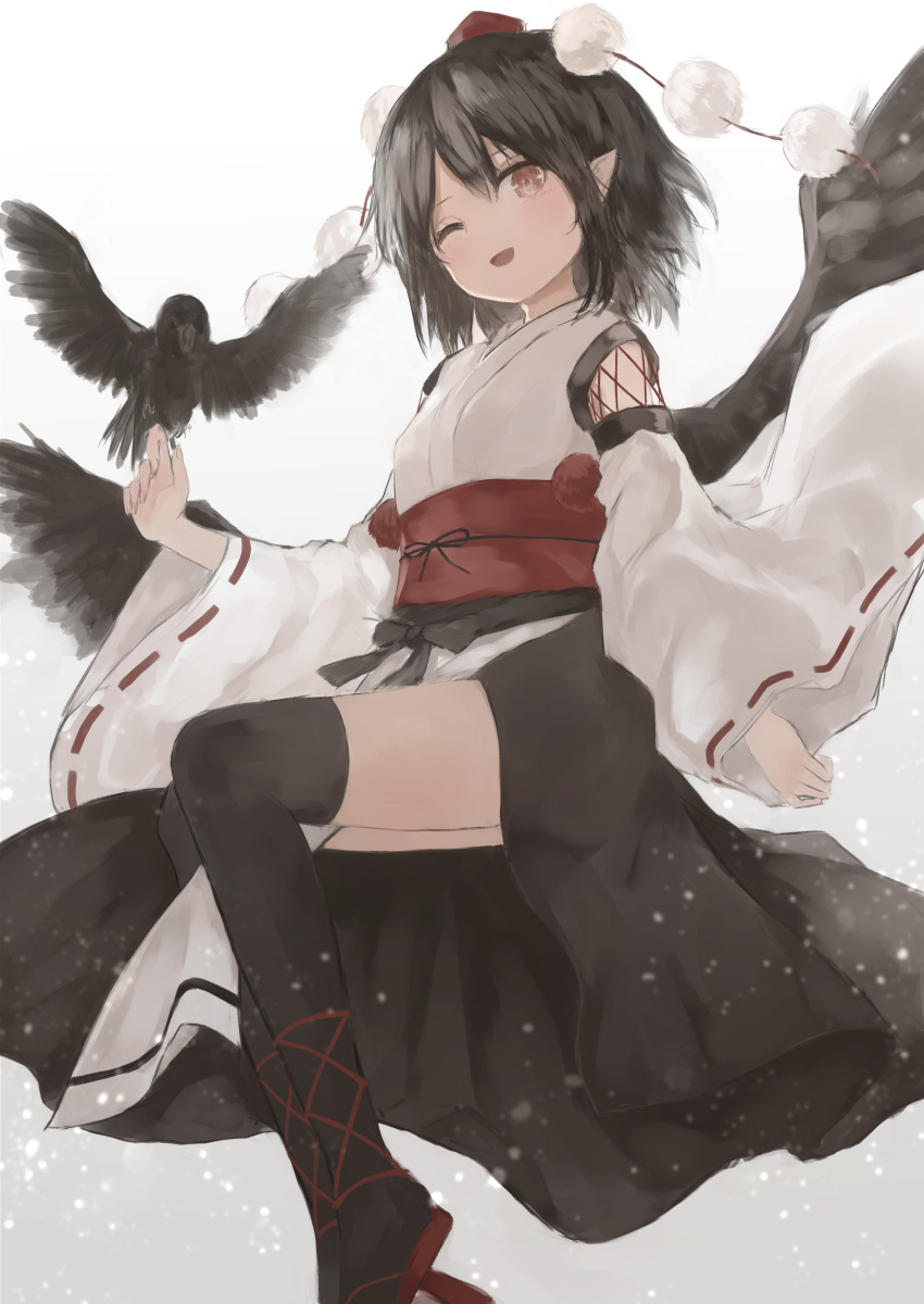 absurdres bird bird_wings black_hair black_kimono black_thighhighs black_wings breasts brown_hair commentary_request crow detached_sleeves feathered_wings feet_out_of_frame geta hat highres japanese_clothes kimono kourindou_tengu_costume long_sleeves pom_pom_(clothes) red_footwear red_hat red_sash sash shameimaru_aya short_hair simple_background small_breasts tengu-geta thighhighs thighs thkani tokin_hat touhou white_background white_kimono white_sleeves wide_sleeves wings