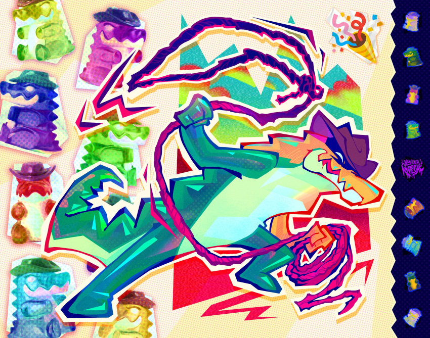 2024 anthro artist_logo artist_name candy clothing cowboy cowboy_hat crocodilian dessert digital_media_(artwork) food food_creature glitch_productions grin gummigoo_(tadc) gummy_(food) gummy_creature hat headgear headwear hi_res lasso living_candy logo male multicolored_body nyanaknifegal party_popper plushie reptile rope scalie smile solo the_amazing_digital_circus