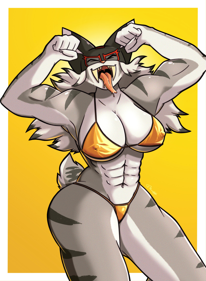 2024 abs absurd_res anthro biceps big_breasts bikini breasts cleavage clothed clothing digital_drawing_(artwork) digital_media_(artwork) eyes_closed female flexing golden_week hi_res mask muscular muscular_female navel nipple_outline open_mouth ring_cats roboticsteve saber_(roboticsteve) skimpy smile solo sports_mask sportswear swimwear tail tail_tuft tuft wrestling_mask