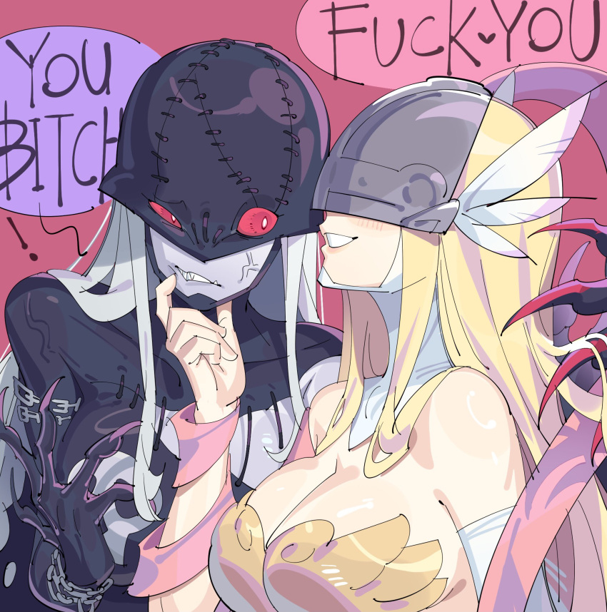 ! 2girls angel_and_devil anger_vein angewomon annoyed armor bare_shoulders black_bodysuit blonde_hair blush bodysuit breastplate breasts cleavage colored_skin covered_eyes digimon digimon_(creature) fingernails grabbing_another's_chin grey_skin hand_on_another's_chin head_wings heart helmet helmet_over_eyes highres ladydevimon large_breasts long_fingernails long_hair mask multiple_girls pink_background pink_ribbon red_eyes ribbon smile spoken_heart stitches torn_bodysuit torn_clothes wings yuri zocehuy