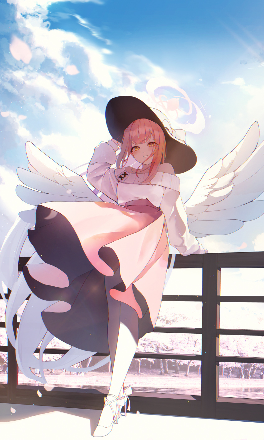 1girl absurdres alternate_costume blue_archive blush feathered_wings floating_clothes full_body halo hand_on_headwear hat high_heels highres long_hair looking_at_viewer mika_(blue_archive) off-shoulder_sweater off_shoulder outdoors pantyhose pink_hair pink_skirt railing shiina_1001 skirt smile solo standing sun_hat sweater very_long_hair white_footwear white_pantyhose white_sweater white_wings wings