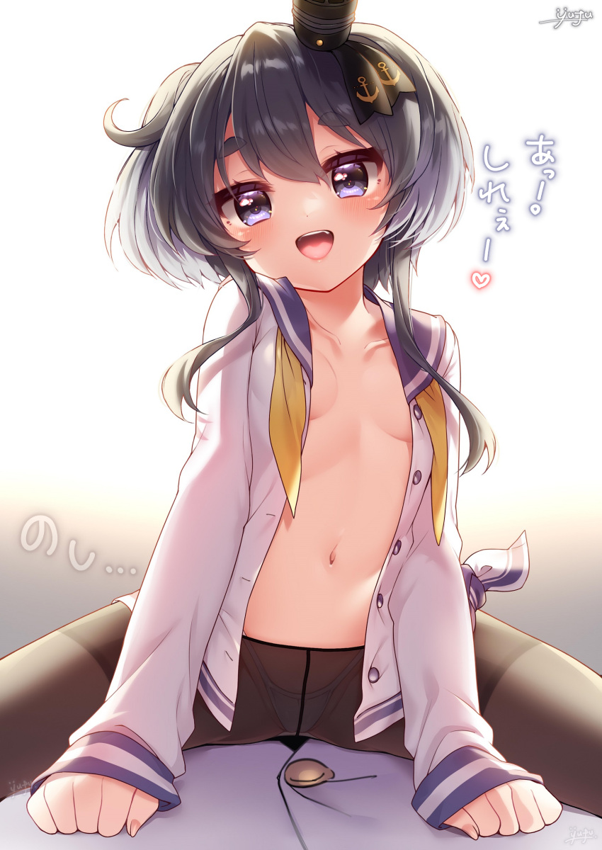 1boy 1girl :t black_eyes black_hair black_pantyhose blue_sailor_collar blush breasts collarbone dress girl_on_top hetero highres kantai_collection navel neckerchief open_clothes open_dress open_mouth panties panties_under_pantyhose pantyhose pout sailor_collar sailor_dress short_hair_with_long_locks signature small_breasts smile solo_focus tokitsukaze_(kancolle) underwear white_dress yellow_neckerchief yufukiri