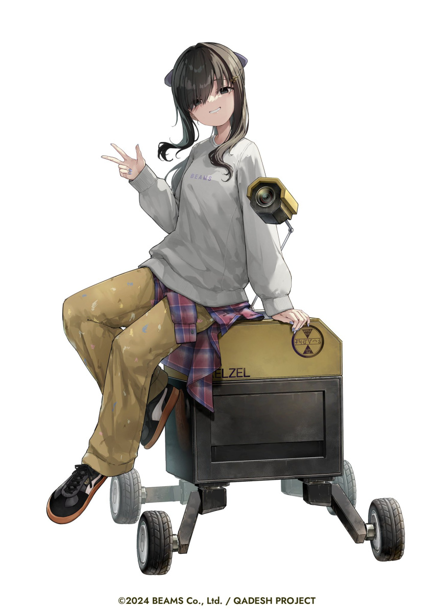1girl black_footwear black_hair blue_nails breasts brown_pants clothes_writing commentary_request copyright_request english_text full_body grey_eyes grey_shirt grin hair_over_one_eye hand_up highres long_hair long_sleeves looking_at_viewer nail_polish osisio pants puffy_long_sleeves puffy_sleeves robot shirt shoes simple_background sitting sleeves_past_wrists small_breasts smile solo w white_background