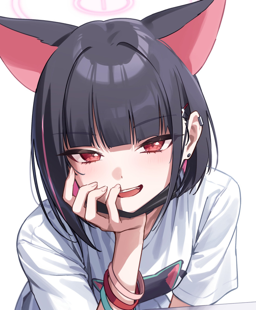 1girl akabino animal_ears black_hair blue_archive cat_ears ear_piercing fingernails halo highres kazusa_(band)_(blue_archive) kazusa_(blue_archive) mask mouth_mask piercing pink_hair pink_halo red_eyes shirt smile white_shirt wristband