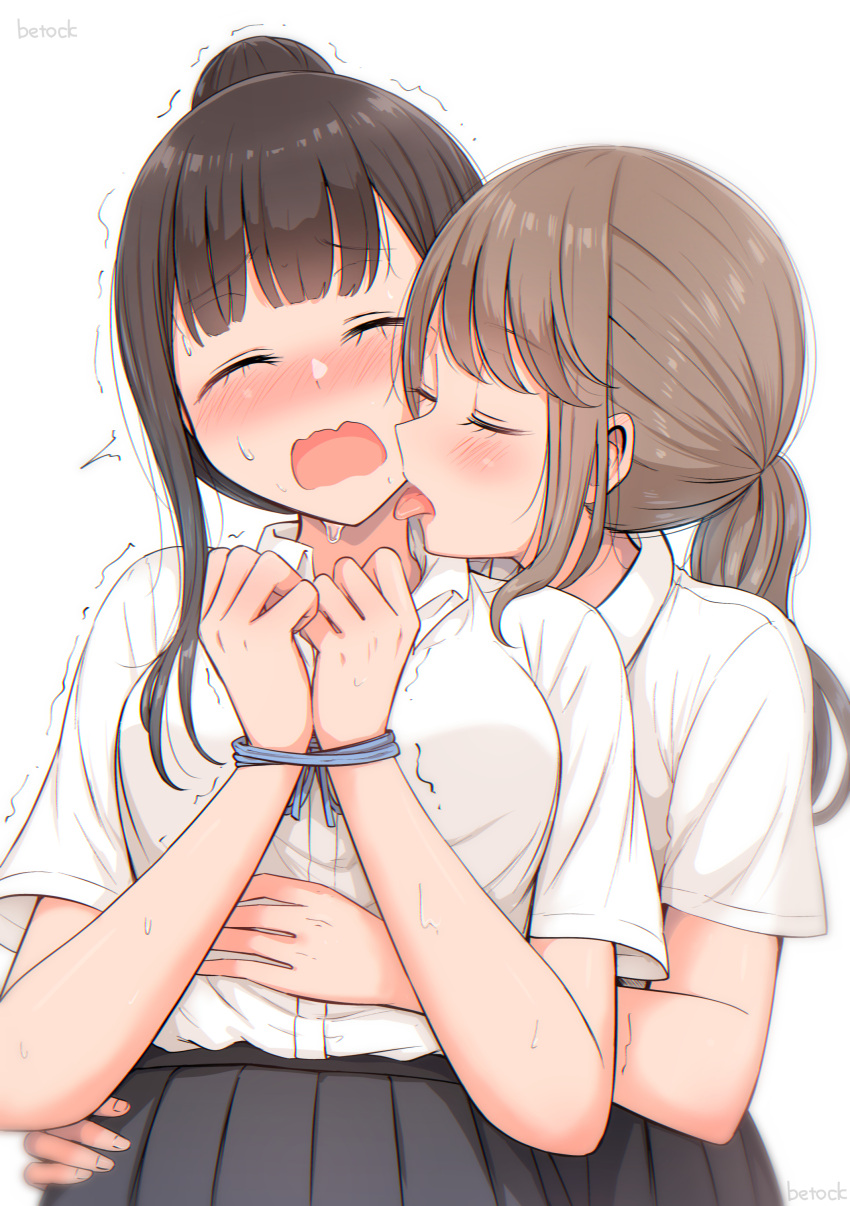 2girls absurdres artist_name betock black_hair black_skirt blush bound bound_wrists breasts brown_hair closed_eyes collared_shirt commentary_request cowboy_shot dress_shirt hair_bun highres licking licking_another's_neck medium_breasts multiple_girls nervous_sweating open_mouth original pleated_skirt ponytail school_uniform shirt shirt_tucked_in short_sleeves sidelocks simple_background single_hair_bun skirt sweat tongue tongue_out trembling wavy_mouth white_background white_shirt yuri