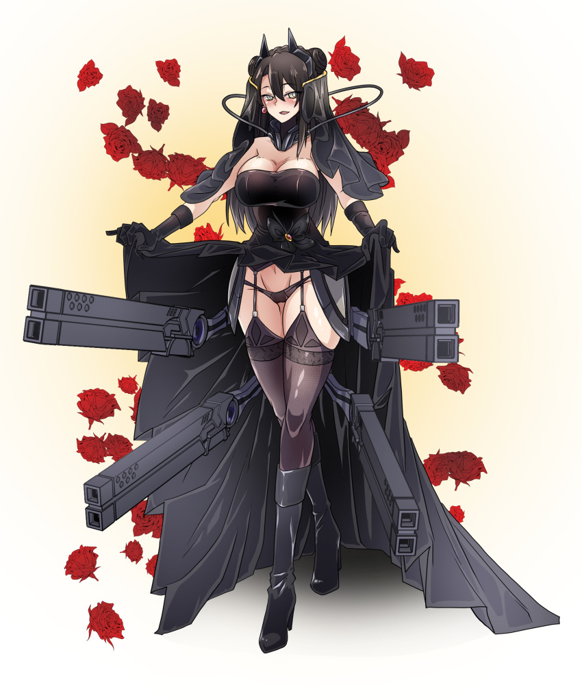 1girl absurdres adapted_costume agent_(girls_frontline) alternate_costume alternate_hair_length alternate_hairstyle black_bow black_butterfly black_dress black_footwear black_gloves black_hair black_legwear black_panties black_wedding_dress blush boots bow breasts bridal_veil bug butterfly cable commentary_request crossed_legs double_bun dress dress_lift earrings elbow_gloves flower garter_belt garter_straps girls_frontline gloves gun high_heel_boots high_heels highres insect jewelry korean_commentary large_breasts long_dress long_hair looking_at_viewer lowleg lowleg_panties mechanical_parts navel panties rose smile solo strapless strapless_dress thick_thighs thighhighs thighs underwear veil watson_cross weapon wedding_dress yellow_eyes zergling_(cdror1004)