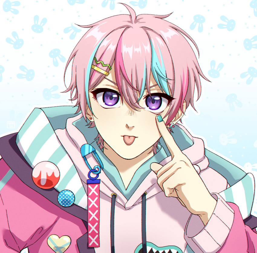 1boy :p ahoge blue_hair blue_nails commentary drawstring ear_piercing english_commentary furuyawn hair_ornament hairclip heart_pin highres hood hood_down hoodie jacket long_sleeves looking_at_viewer male_focus medium_hair messy_hair nexas_(vtuber) piercing pin pink_hair pink_hoodie pink_jacket purple_eyes pyon_phelix safety_pin solo tongue tongue_out virtual_youtuber