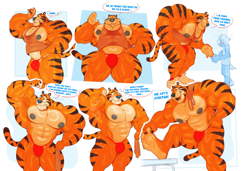 2024 abs absurd_res anthro areola barazoku barefoot bench bent_leg biceps big_bulge big_muscles blush bodily_fluids bottomwear bulge canid canine claws clothed clothing dialogue duo english_text feet felid flustered frosted_flakes fur gesture hi_res huge_muscles kellogg's male mammal mascot mezcal_(artist) muscular muscular_anthro muscular_male musk navel nipples obliques pantherine pecs quads shirt shorts simple_background size_difference smile soles solo_focus standing stretching sweat tank_top text thick_thighs thong tiger tony_the_tiger topless topless_anthro topless_male topwear towel tuft underwear waving