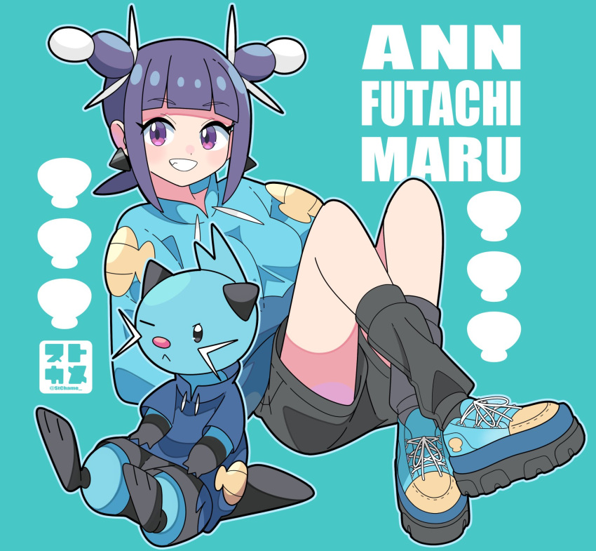 1girl ann_(pokemon) black_hair black_socks dewott hair_ornament highres long_sleeves looking_at_viewer pokemon pokemon_(anime) pokemon_(creature) pokemon_horizons purple_eyes shell shirt shoes shorts smile socks sutokame