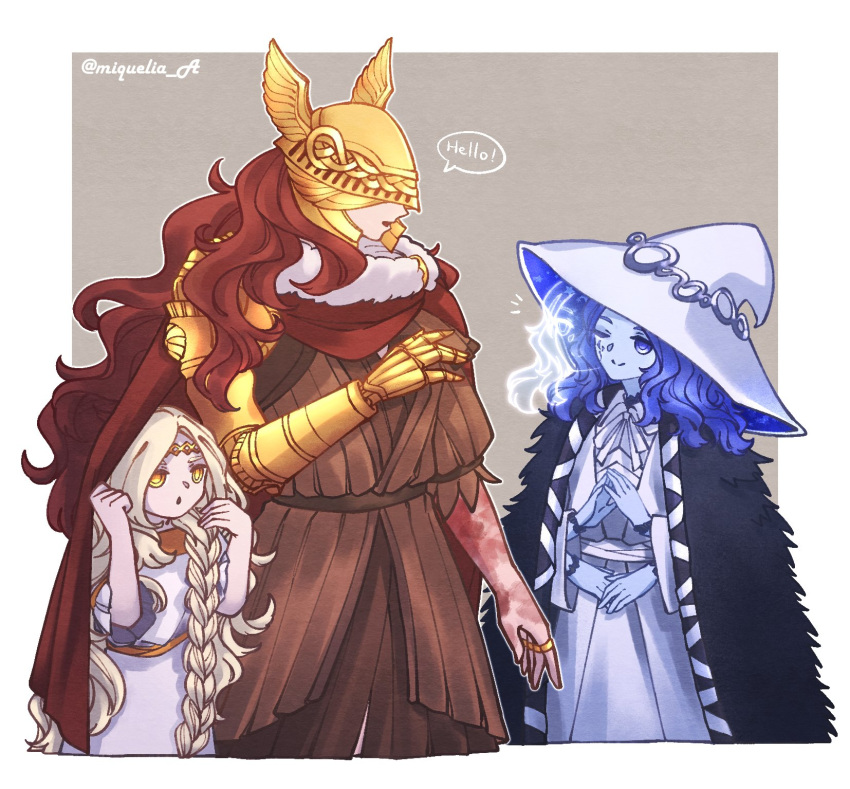 1boy 2girls amputee armor blue_skin brother_and_sister cape cloak colored_skin covered_eyes cracked_skin dress elden_ring extra_arms extra_faces fur_cloak gold_armor helmet helmet_over_eyes highres large_hat malenia_blade_of_miquella mechanical_arms miqueliafantasia miquella_(elden_ring) multiple_girls otoko_no_ko prosthesis prosthetic_arm ranni_the_witch red_cape siblings single_mechanical_arm smile winged_helmet