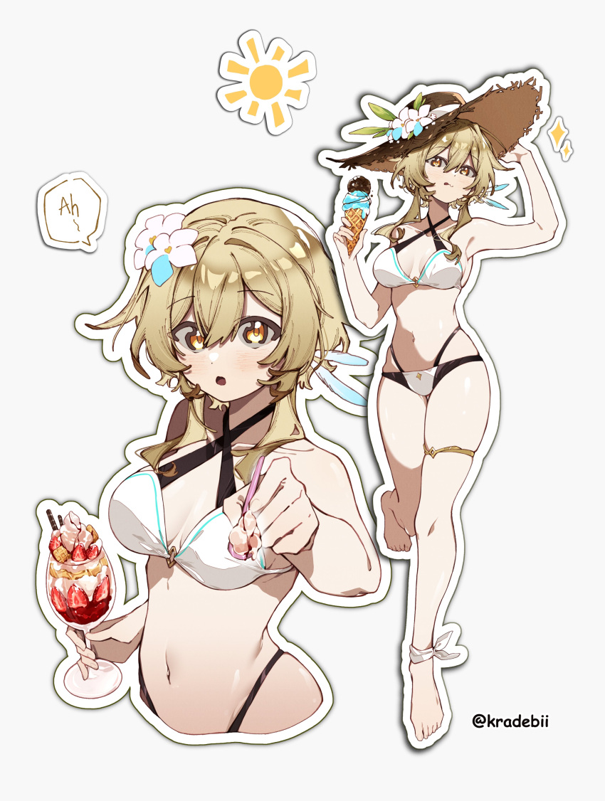 1girl :o absurdres bare_arms bare_shoulders bikini blonde_hair breasts cleavage commentary criss-cross_halter cropped_torso flower food genshin_impact grey_background hair_flower hair_ornament halterneck highres holding holding_food holding_ice_cream ice_cream kradebii long_hair lumine_(genshin_impact) medium_breasts multiple_views navel parfait simple_background stomach swimsuit upper_body white_bikini white_flower yellow_eyes