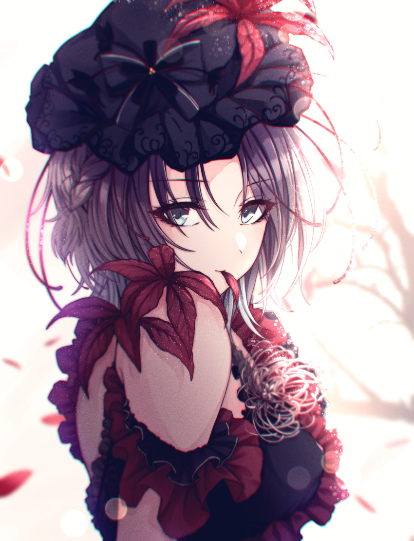 1girl absurdres asakura_toru black_dress black_hat blue_eyes breasts brown_hair dress flower frilled_dress frills from_side gradient_hair grey_hair hair_ornament hat hat_ribbon highres idolmaster idolmaster_shiny_colors kusaka_io leaf leaf_hair_ornament leaf_in_mouth looking_at_viewer medium_breasts medium_hair multicolored_hair ribbon solo upper_body