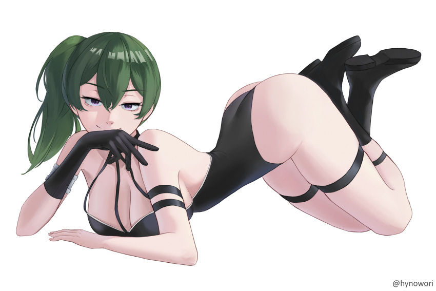 1girl absurdres all_fours ass black_gloves boots breasts cleavage closed_mouth elbow_rest full_body gloves green_hair high_side_ponytail highres hynowori large_breasts looking_at_viewer purple_eyes simple_background single_glove smile sousou_no_frieren thigh_strap top-down_bottom-up ubel_(sousou_no_frieren) white_background