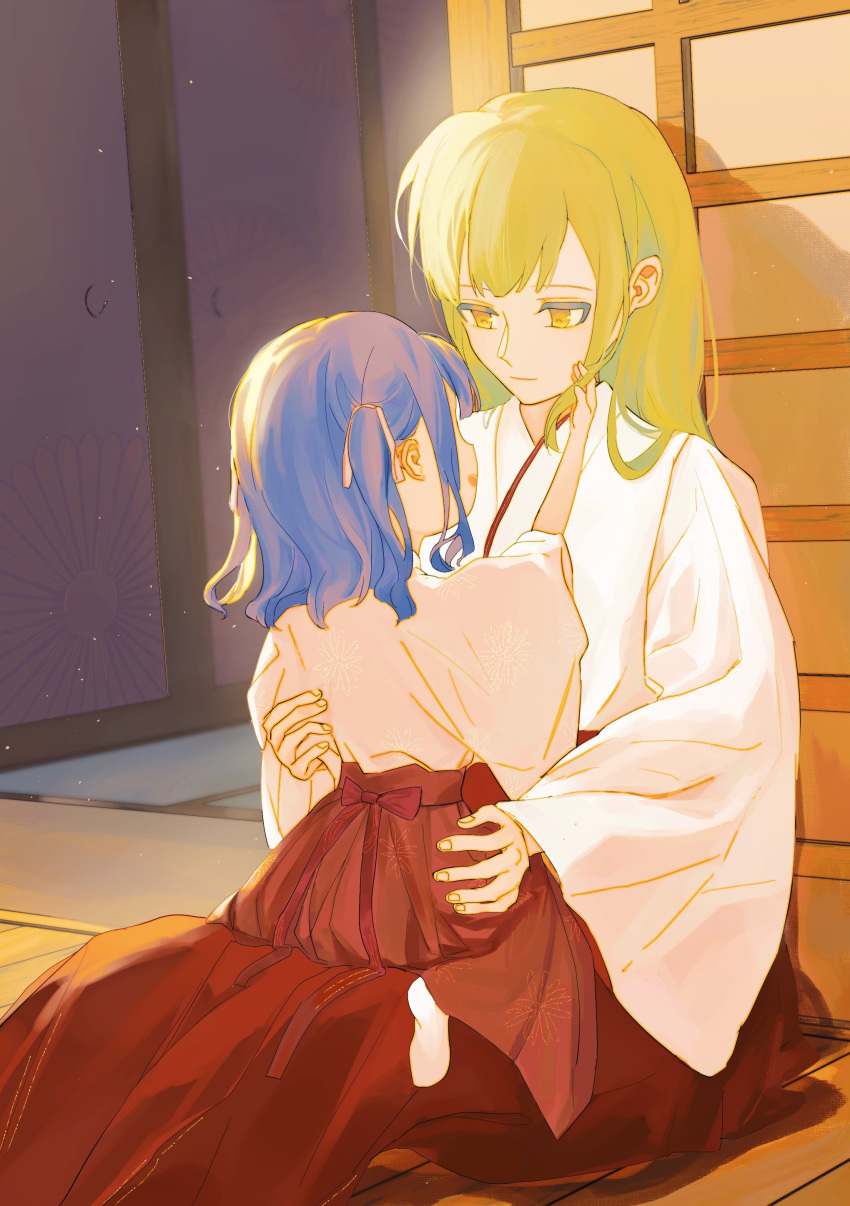 2girls absurdres aged_down bang_dream! bang_dream!_it's_mygo!!!!! blue_hair closed_mouth commentary green_hair hakama hakama_skirt hand_in_another's_hair highres japanese_clothes kimono long_hair long_sleeves medium_hair miko multiple_girls red_skirt shouji sigangsan sitting sitting_on_lap sitting_on_person skirt sliding_doors smile tatami togawa_sakiko two_side_up wakaba_mutsumi white_kimono yellow_eyes