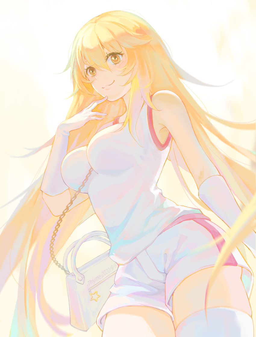 1girl absurdres blonde_hair breasts closed_mouth commentary_request elbow_gloves gloves gym_shirt gym_shorts gym_uniform hair_between_eyes highres large_breasts long_hair shirt shokuhou_misaki shorts sleeveless sleeveless_shirt smile solo sparkling_eyes standing symbol-shaped_pupils thighhighs thyme_(4749874974) toaru_kagaku_no_railgun toaru_majutsu_no_index tokiwadai_school_gym_uniform white_gloves white_shirt white_shorts white_thighhighs yellow_eyes