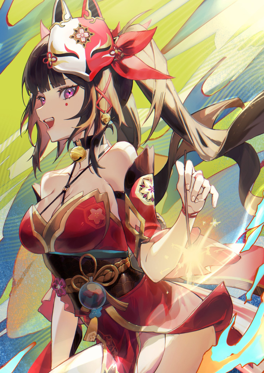 1girl :d bare_shoulders bell black_choker black_hair black_sash blunt_bangs breasts choker cleavage commentary criss-cross_halter facial_mark fox_mask halterneck highres honkai:_star_rail honkai_(series) koharu1807 long_hair looking_at_viewer mask mask_on_head medium_breasts neck_bell obi open_mouth purple_eyes sash short_sleeves smile solo sparkle_(honkai:_star_rail) twintails very_long_hair