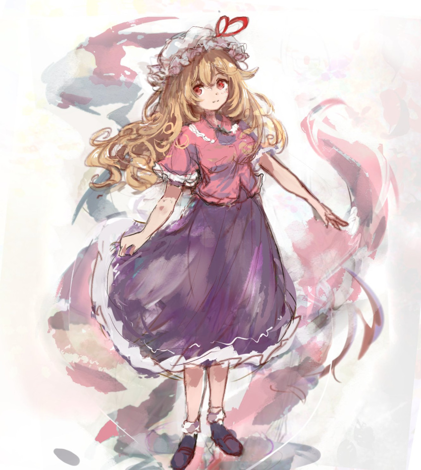 1girl aura black_footwear blonde_hair bobby_socks bow breasts closed_mouth collared_shirt commentary_request frilled_shirt_collar frilled_skirt frills full_body hat hat_ribbon highres loafers long_hair maribel_hearn medium_breasts mob_cap purple_shirt red_bow red_eyes red_skirt ribbon shirt shoes short_sleeves simple_background skirt smile socks solo standing taboo_japan_disentanglement touhou uwazumi wavy_hair white_background white_hat white_socks