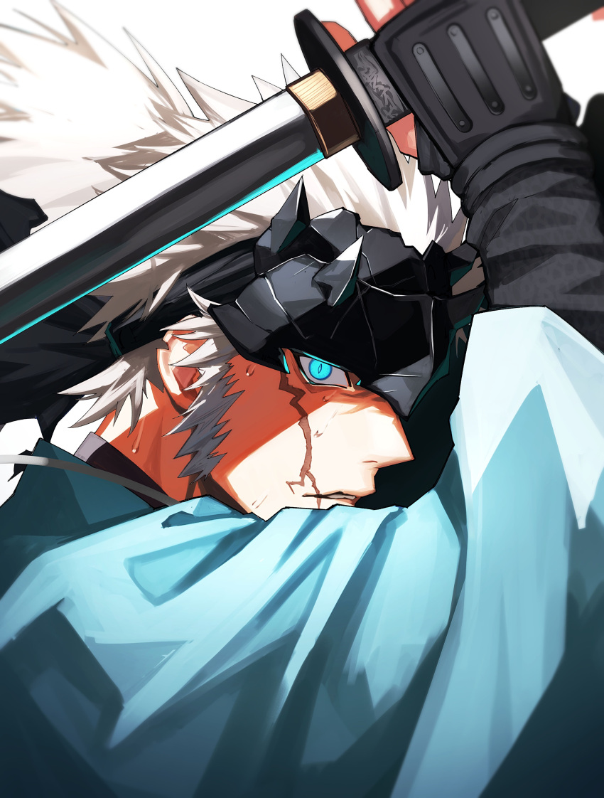 1boy absurdres blue_eyes fate/grand_order fate_(series) fighting_stance glowing glowing_eye haori haruakira highres holding holding_sword holding_weapon japanese_clothes katana long_sword male_focus nagakura_shinpachi_(fate) scar scar_on_cheek scar_on_face shinsengumi sideburns spiked_headband sweat sword weapon white_hair