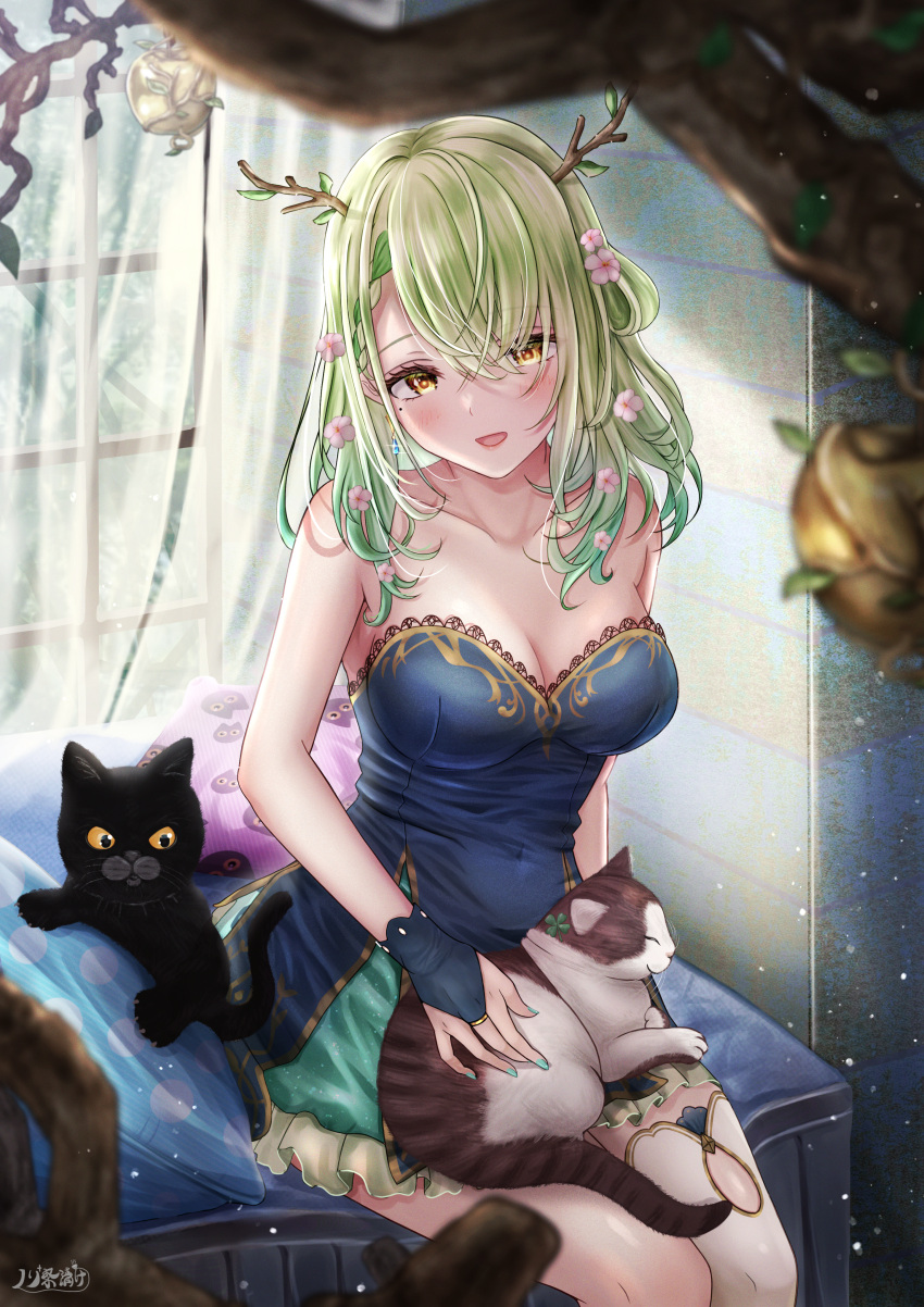 1girl absurdres bangs bare_arms bare_shoulders bed blush breasts cat ceres_fauna cleavage clover_(ceres_fauna) collarbone curtains frilled_skirt frills green_hair highres hololive hololive_english indoors large_breasts looking_at_viewer medium_hair nori_chazuke on_bed open_mouth sitting skirt smile snail_(ceres_fauna) virtual_youtuber window yellow_eyes