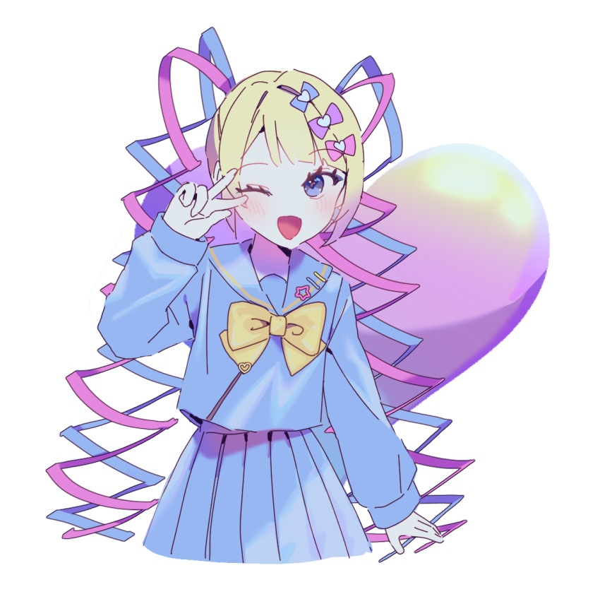 1girl ;d ama_(pixiv_50406250) blonde_hair blue_bow blue_eyes blue_hair blue_serafuku blue_shirt blue_skirt blush bow chouzetsusaikawa_tenshi-chan commentary_request hair_bow hair_ornament hand_up heart heart_hair_ornament highres long_hair long_sleeves looking_at_viewer multicolored_hair needy_girl_overdose one_eye_closed open_mouth pink_bow pink_hair pleated_skirt purple_bow quad_tails sailor_collar school_uniform serafuku shirt skirt smile solo standing twintails very_long_hair w w_over_eye white_background yellow_bow