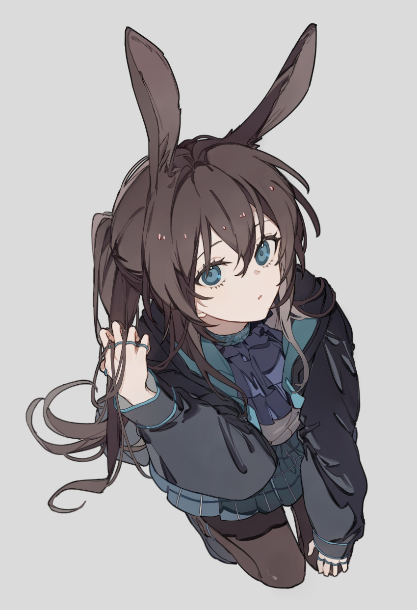 1girl absurdres amiya_(arknights) animal_ears arknights ascot black_jacket blue_ascot blue_skirt brown_hair brown_pantyhose commentary ellygretta extra_ears full_body grey_background hand_in_own_hair hand_on_own_knee highres jacket long_hair long_sleeves looking_at_viewer open_clothes open_jacket open_mouth pantyhose plaid plaid_skirt ponytail rabbit_ears rabbit_girl simple_background skirt solo very_long_hair