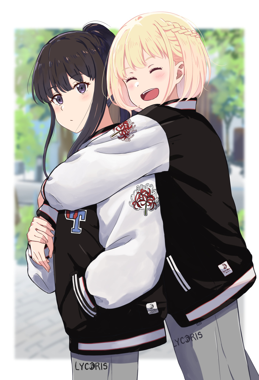 2girls ^_^ absurdres black_hair black_jacket blonde_hair blurry blurry_background blush bob_cut border chai_haru closed_eyes closed_mouth commentary_request copyright_name floral_print flower grey_pants half_up_braid hand_in_pocket highres holding_another's_wrist hug hug_from_behind inoue_takina jacket long_hair long_sleeves looking_at_viewer lycoris_recoil multiple_girls nishikigi_chisato open_mouth outdoors outside_border pants ponytail purple_eyes raglan_sleeves short_hair sidelocks spider_lily teeth upper_teeth_only white_border white_sleeves yuri