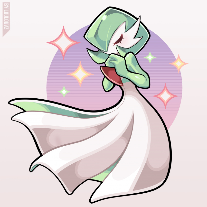 artist_name bob_cut closed_eyes colored_skin commission dress gardevoir green_hair hair_over_one_eye highres loulou_vz multicolored_skin own_hands_together pokemon pokemon_(creature) sparkle two-tone_skin white_dress white_skin