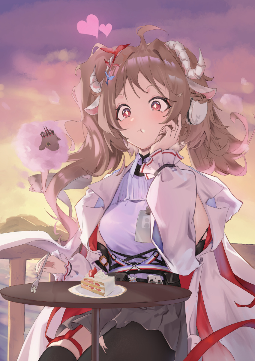 +_+ 1girl absurdres animal_ears arknights breasts brown_hair cake cake_slice cloud coat coat_on_shoulders commentary_request eating eyjafjalla_(arknights) food fork grey_skirt hand_up heart highres holding holding_fork horns long_hair medium_breasts outdoors pleated_skirt red_eyes shitomu1 sitting skirt sky solo sunset twintails white_coat white_horns