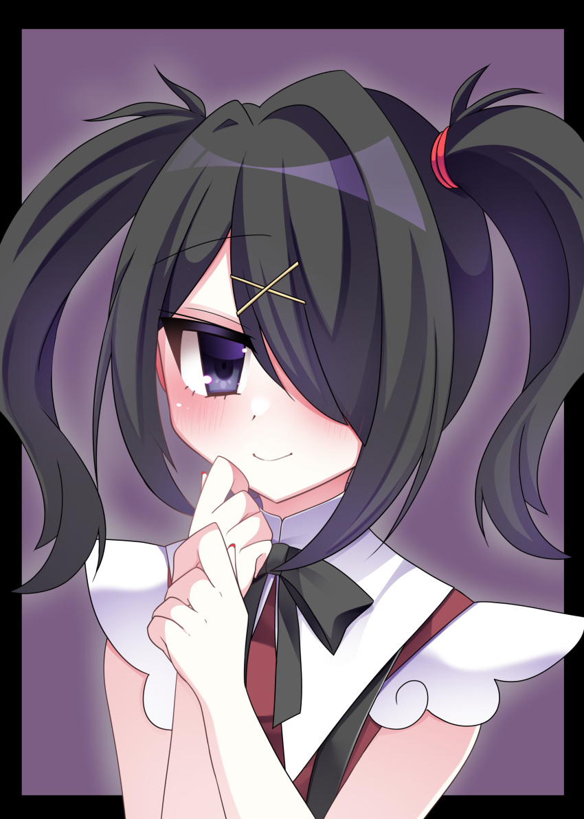 1girl absurdres ame-chan_(needy_girl_overdose) black_border black_hair black_ribbon blush border closed_mouth collared_shirt commentary_request hair_ornament hair_over_one_eye hands_up highres long_hair looking_at_viewer neck_ribbon needy_girl_overdose own_hands_together purple_background purple_eyes red_shirt ribbon shirt smile solo suspenders suzume_(s_z_m0306) twintails upper_body x_hair_ornament