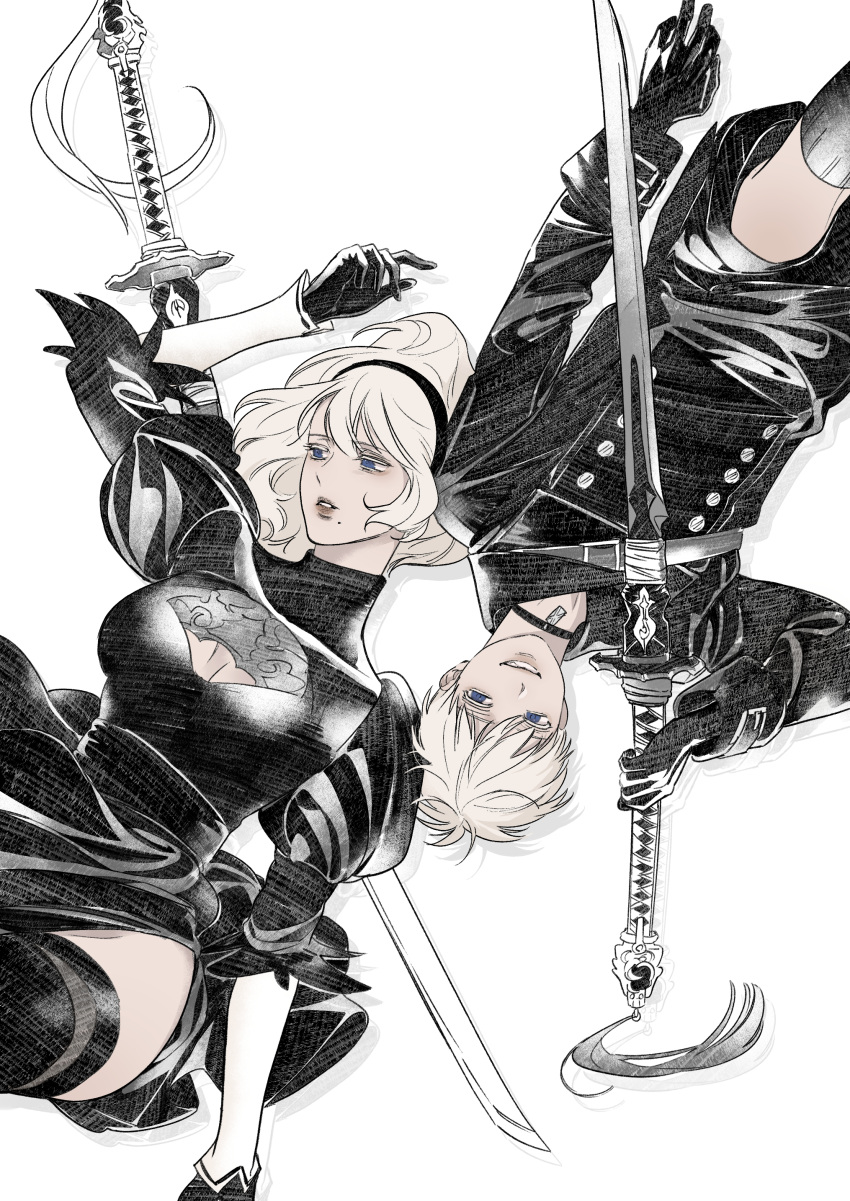 1boy 1girl 2b_(nier:automata) 7gnok 9s_(nier:automata) absurdres black_choker black_dress black_footwear black_gloves black_hairband black_jacket black_shorts black_thighhighs blue_eyes bob_cut boots breasts choker cleavage cleavage_cutout clothing_cutout dress feet_out_of_frame gloves hairband highres holding holding_sword holding_weapon jacket juliet_sleeves katana long_sleeves medium_breasts mole mole_under_mouth nier:automata nier_(series) parted_lips pendant_choker puffy_sleeves short_hair shorts side_slit smile sword thigh_boots thighhighs thighs turtleneck turtleneck_dress weapon white_background white_hair