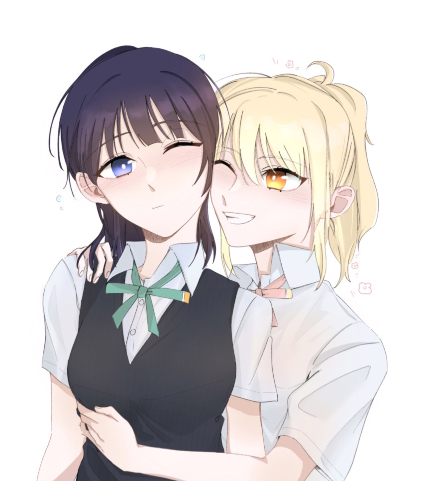 2girls asaka_karin blonde_hair blue_eyes blue_hair blunt_bangs breasts bright_pupils collared_shirt dark_blue_hair dist22232592 diverdiva green_ribbon grin hand_on_another's_shoulder hand_on_another's_stomach heads_together highres love_live! love_live!_nijigasaki_high_school_idol_club medium_breasts medium_hair miyashita_ai multiple_girls nijigasaki_academy_school_uniform one_eye_closed orange_eyes pink_ribbon ponytail ribbon school_uniform shirt short_sleeves sidelocks smile summer_uniform sweater_vest white_pupils white_shirt